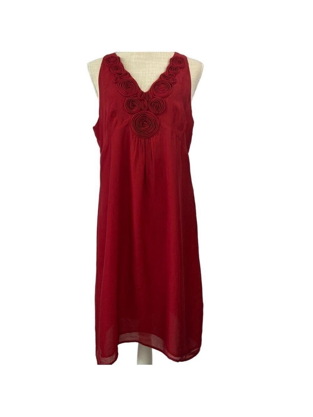 Loft Red Sleeveless V Neck Rosette A-Line Dress Empire Waist Womens 12